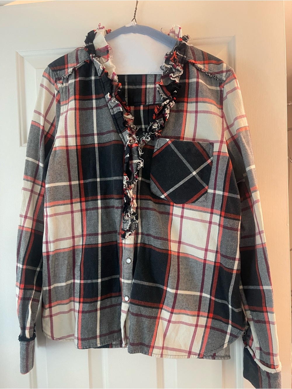 We The Free Black White and Red Plaid Ruffle-Trim Button Shirt